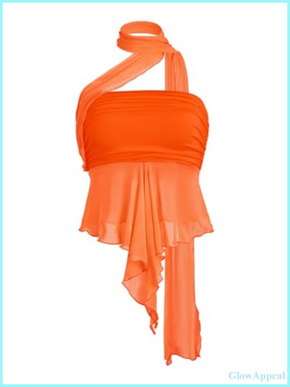 Women's Sheer Ruffle Trim Halter Ruched Y2K Crop Top